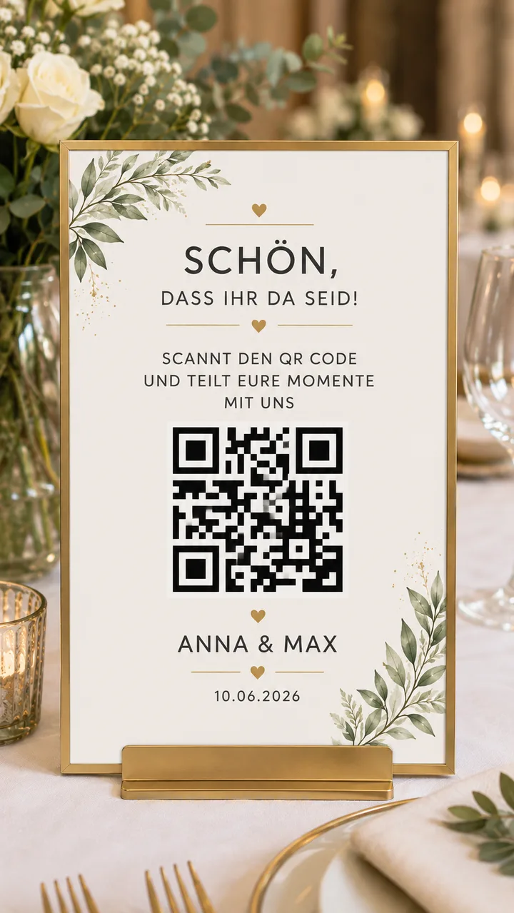 Tischkarte mit QR-Code auf einer Hochzeitstafel